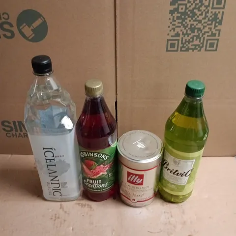 APPROXIMATELY 7 ASSORTED DRINKS TO INCLUDE BRITVIC LIME CORDIAL, ILLY CLASSICO BLEND, ICELANDIC GLACIAL WATER, ETC, ETC - COLLECTION ONLY