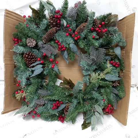 DESIGNER PRE-LIT RED BERRY CHRISTMAS WREATH - 80 CM