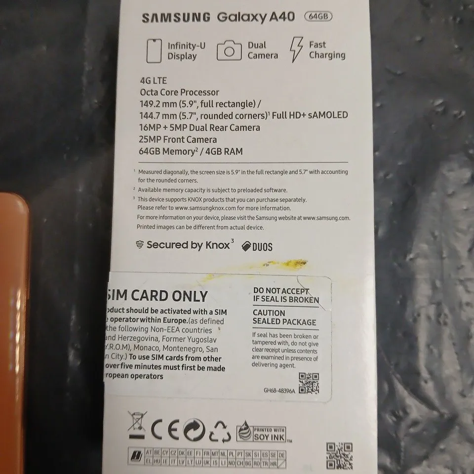 SAMSUNG GALAXY A40 SMARTPHONE – CORAL, 64GB - BOXED
