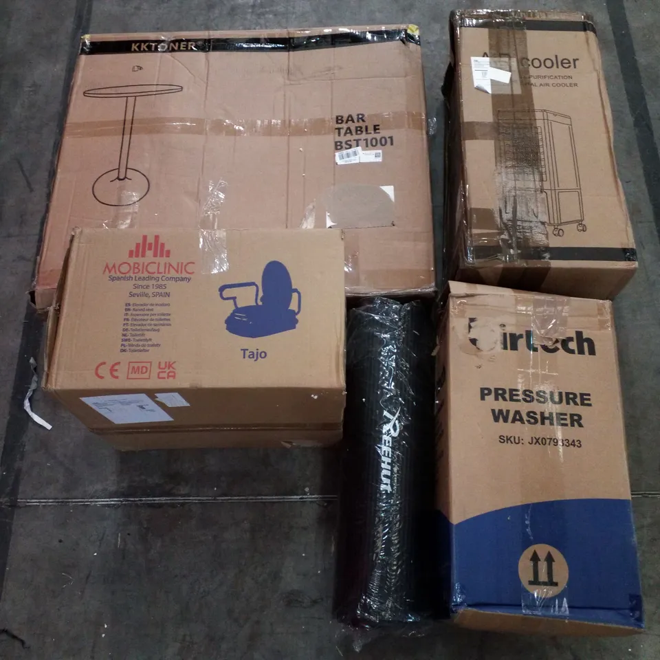 PALLET OF ASSORTED PRODUCTS INCLUDING BAR TABLE, AIR COOLER, PRESSURE WASHER, RAISED SEAT, FOAM MAT