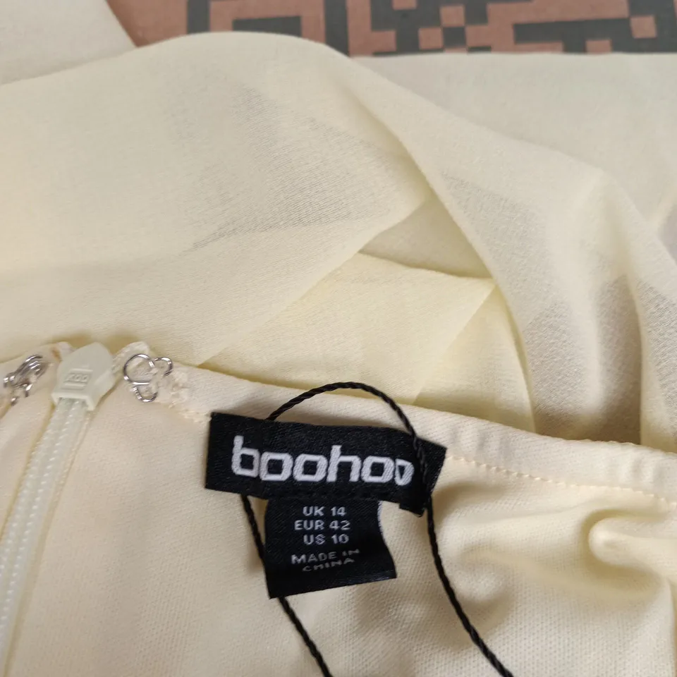 BOOHOO ANGEL SLEEVE CHIFFON MIDAXI DRESS – LEMON, UK 14