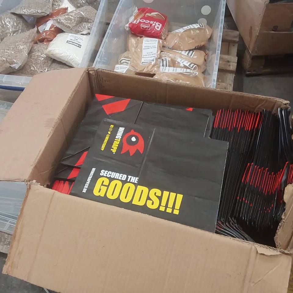 PALLET CONTAINING A LARGE QUANTITY OF ASSORTED CATERING SUPPLIES INCLUDING VARIOUS TYPES OF SEASONING AND TAKEAWAY BAGS