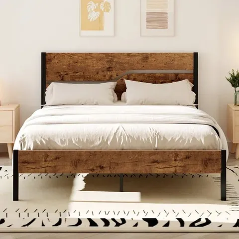 BOXED BED FRAME SINGLE DOUBLE METAL PLATFORM BED FRAME WITH WOOD (SIZE UNSPECIFIED)