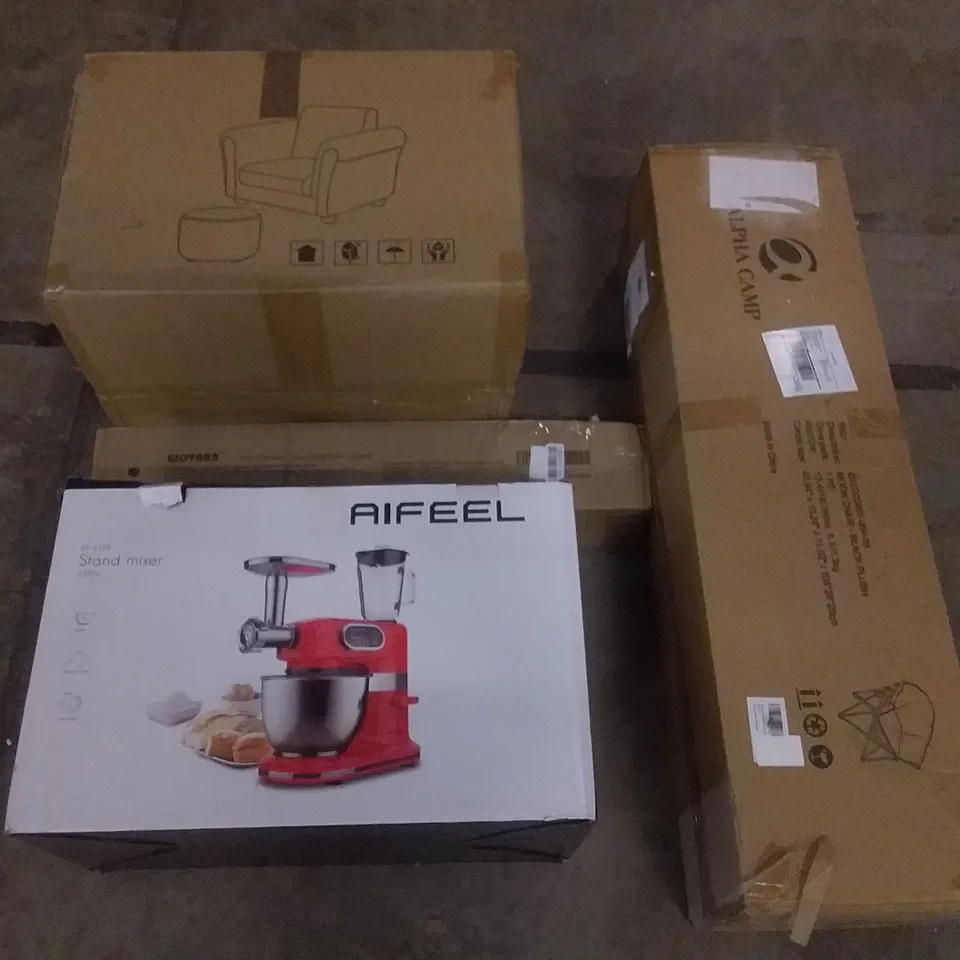 PALLET OF ASSORTED ITEMS INCLUDING KKTONER BAR TABLE, MASS DYNAMIC MUTE SEAT COVER, 8 AM ADJUSTABLE LAPTOP STAND, ACCSTORE DRYING RACK, AIFEEL STAND MIXER, ALPHA CAMP MOON CHAIR
