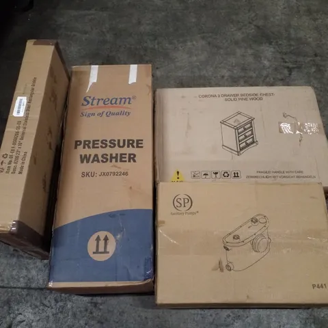 PALLET OF ASSORTED PRODUCTS INCLUDING RECTANGULAR GRIDDLE, PRESSURE WASHER, 3 DRAWER BEDSIDE CHEST, MACERATOR WASTE PUMP