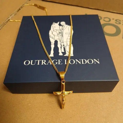 OUTRAGE LONDON GOLD-TONE CROSS PENDANT NECKLACE – BOXED 