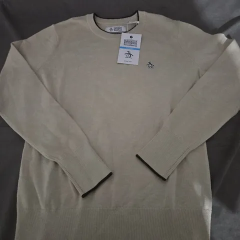 ORIGINAL PENGUIN BEIGE KNIT JUMPER WITH CHEST LOGO - SIZE M 