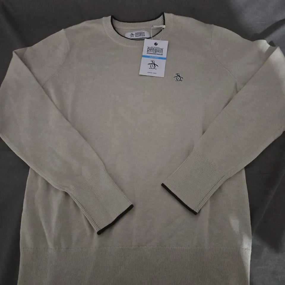 ORIGINAL PENGUIN BEIGE KNIT JUMPER WITH CHEST LOGO - SIZE M 