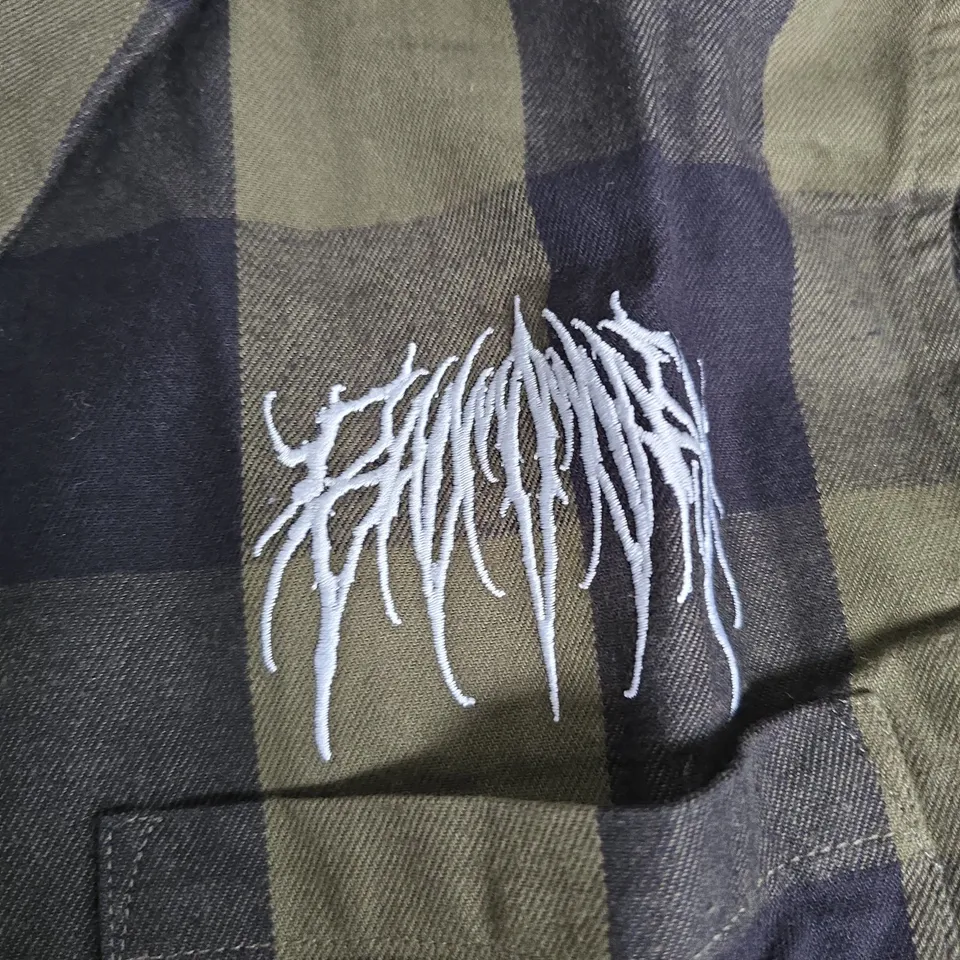 BAD MONDAY FLANNEL SHIRT – OLIVE/BLACK CHECK, MEN'S BUTTON-DOWN WITH EMBROIDERED CHEST LOGO - LARGE