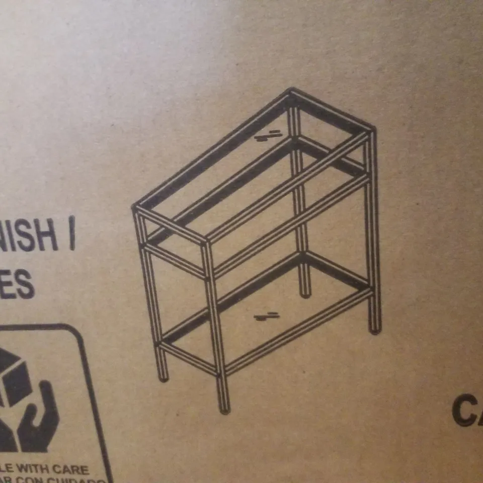 BOXED SIDE TABLE IN BLACKENED BRONZE FINISH WITH CLEAR GLASS SHELVES