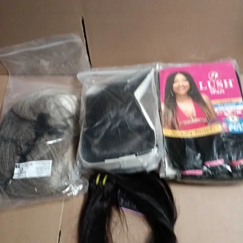 BOX OF APPROXIMATELY 10 WIGS AND HAIR PIECES VARIOUS COLOURS AND STYLES