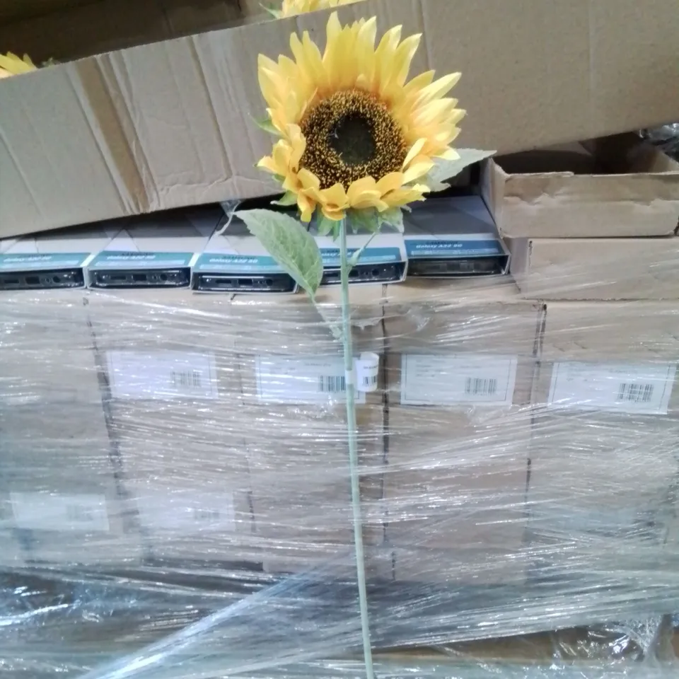 PALLET CONTAINING APPROXIMATELY 12 SAMSUNG GALAXY A22 CASES 15 BOXES OF STEREO SPLITTERS, 40 BOXES OF PAMPAS STEMS AND 23 BOXES OF INDIVIDUAL STEM SUNFLOWERS