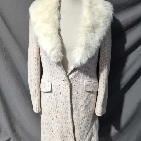 PLANET WOOL-BLEND COAT WITH FAUX FUR COLLAR - BEIGE, UK 12