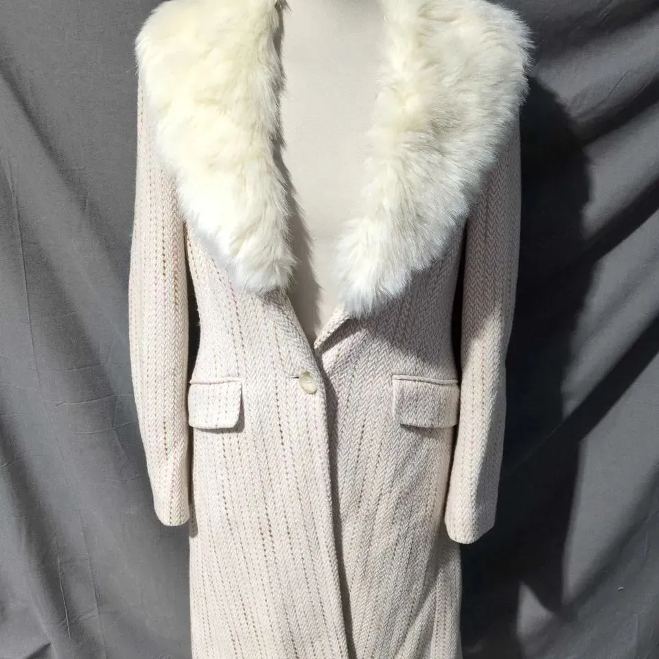 PLANET WOOL-BLEND COAT WITH FAUX FUR COLLAR - BEIGE, UK 12