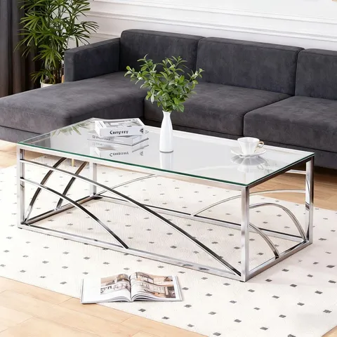 BOXED 120CM LUXURY TEMPERED GLASS COFFEE TABLE WITH STAINLESS STEEL FRAME - SILVER (1 BOX)