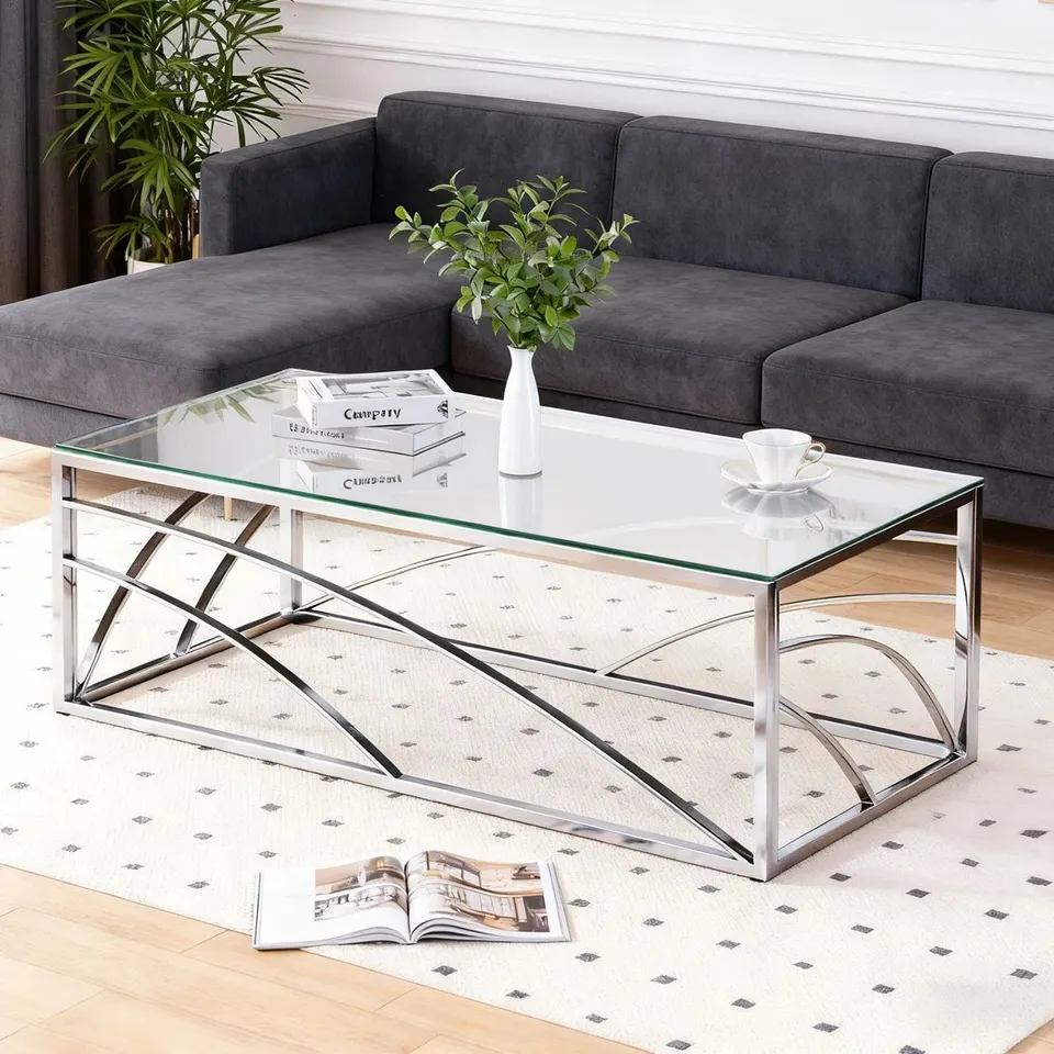 BOXED 120CM LUXURY TEMPERED GLASS COFFEE TABLE WITH STAINLESS STEEL FRAME - SILVER (1 BOX)