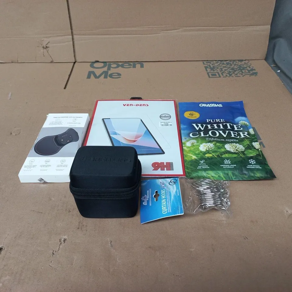 TOTE OF APPROXIMATELY 15 ASSORTED ITEMS TO INCLUDE BREITLING WATCH CASE, VEN DENS IPAD AIR 4/5/PRO 11 TEMPERED GLASS, GRASSIAS PURE WHITE CLOVER SEEDS ETC