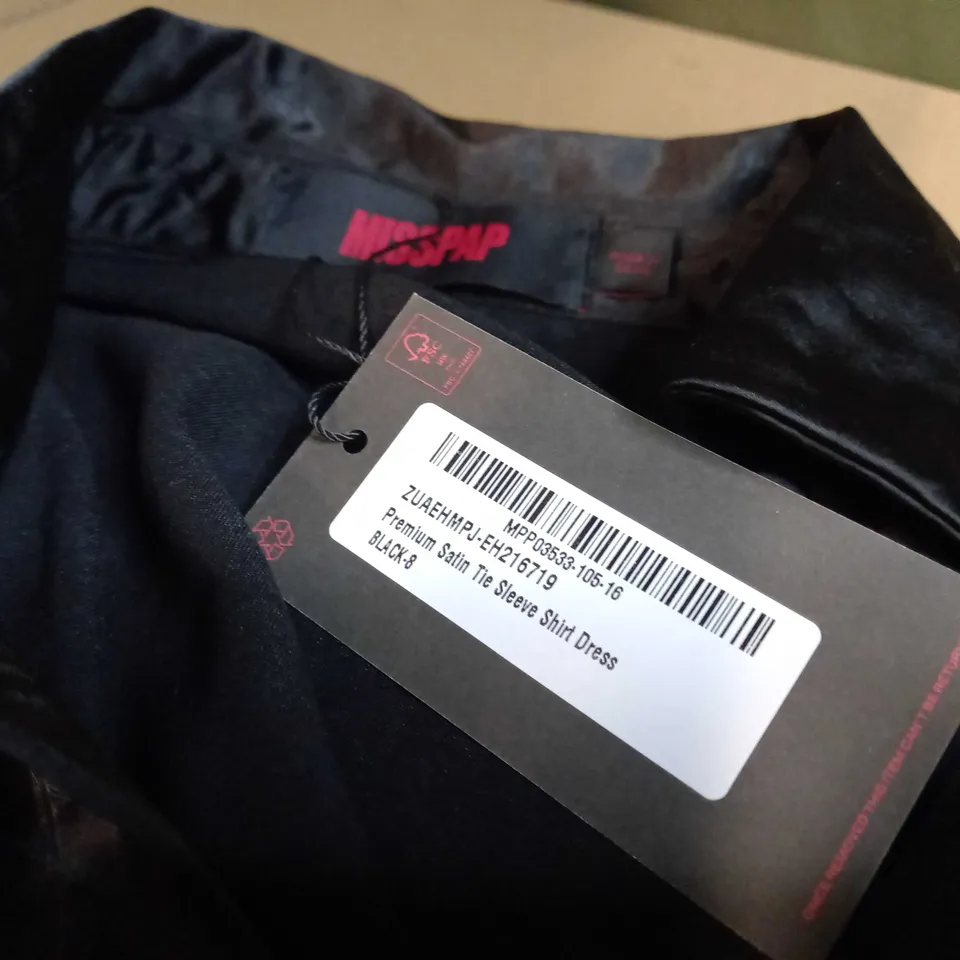 MISSPAP BLACK PREMIUM SATIN TIE SLEEVE SHIRT DRESS - SIZE 8