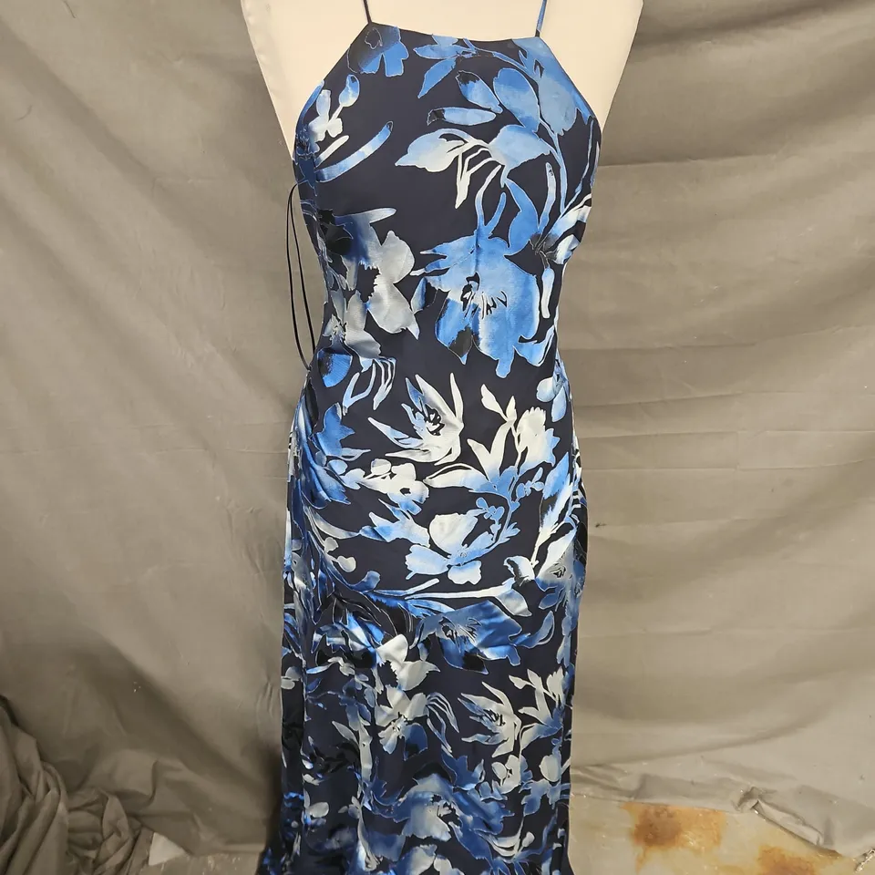 KAREN MILLEN PETITE SATIN FLORAL DEVORE WOVEN STRAPPY MAXI DRESS IN NAVY SIZE 12