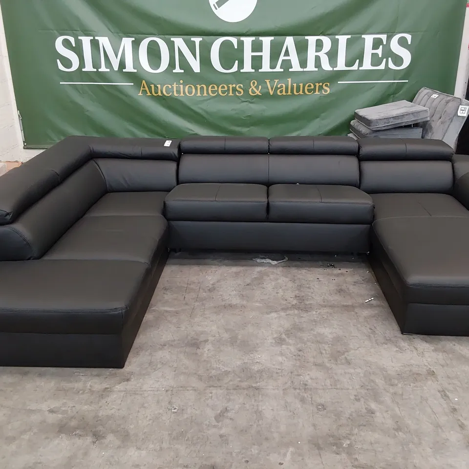 QUALITY DESIGNER ITALIANATE STYLE U SHAPED DOUBLE CHAISE SOFA BLACK LEATHER
