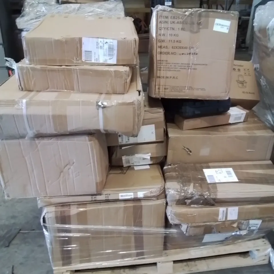 PALLET CONTAINING VARIOUS ASSORTED BOXED ITEMS TO INCLUDE: CORDLESS IMPACT WRENCH, ROUND BENDING MACHINE, MEAT GRINDER AND LOTS MORE UNMARKED BOXED ITEMS 