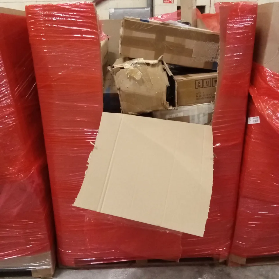 PALLET OF ASSORTED HOUSEHOLD GOODS AND PRODUCTS TO INCLUDE; MULTIFUNCTIONAL GYM BENCH, BABY PLAYPEN, BOXED FLATPACK FURNITURE ETC
