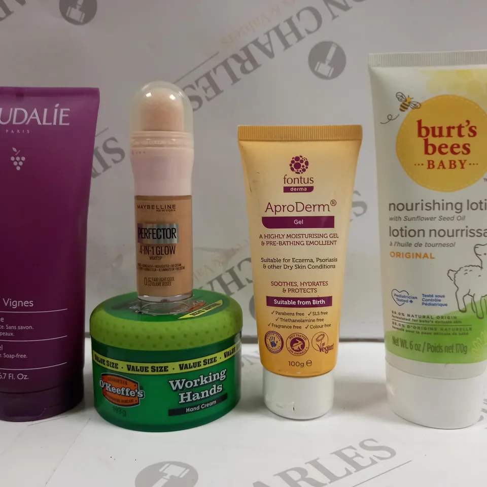 BOX OF APPROXIMATELY 20 ASSORTED COSMETICS TO INCLUDE O'KEEFFES HAND CREAM, MAYBELINE 4-IN-1, BABYS NOURISHING LOTION ETC