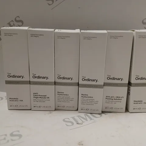 6 BOXED THGE ORDINARY PRODUCTS TO INCLUDE MANDELIC ACID 10%, MARINE HYALURONICS, PEELING SOLUTION, ETC