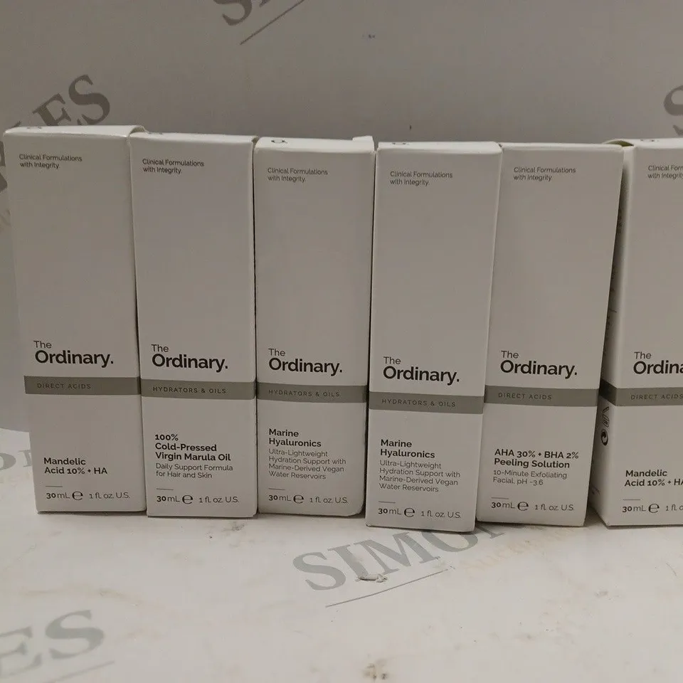 6 BOXED THGE ORDINARY PRODUCTS TO INCLUDE MANDELIC ACID 10%, MARINE HYALURONICS, PEELING SOLUTION, ETC