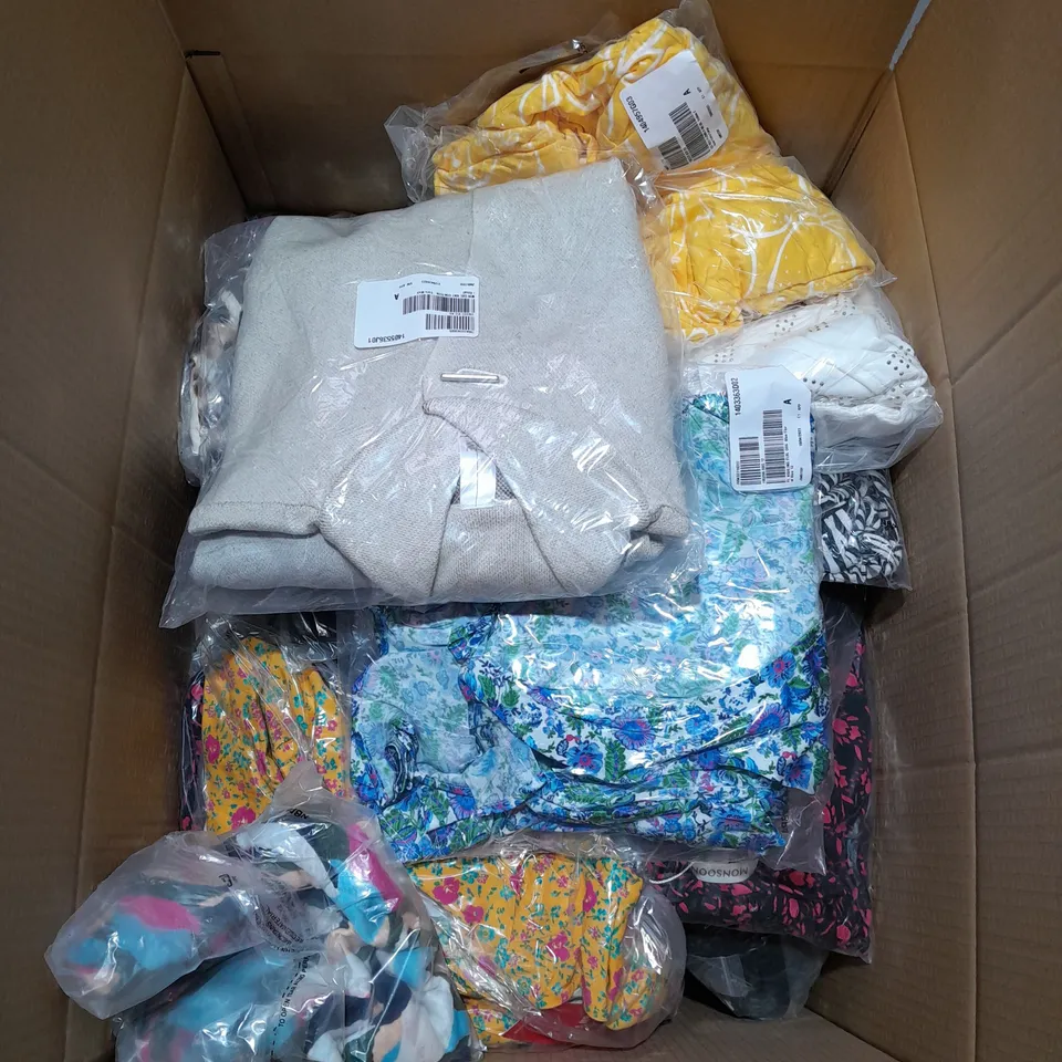 LARGE BOX OF ASSORTED CLOTHING ITEMS ALL IN DIFFRENT COLOURS AND SIZES 