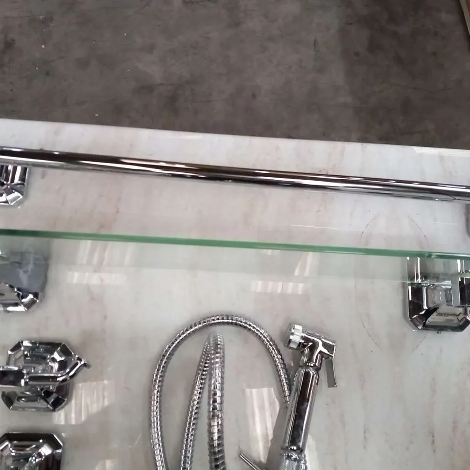 SHOWER SET CONSISTING OF; MIRA ESCAPE 9.8 SHOWER, SOAP HOLDER, TOWEL RAIL, COAT HOOK AND GLASS SHELF AND SHATAFF