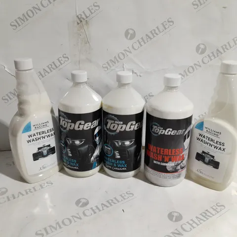 5 ASSORTED VEHICLE CLEANING PRODUCTS TO INCLUDE TOP GEAR WATERLESS WASH AND WAX 1 LITRE, WILLIAMS RACING WATERLESS WASH AND WAX 750ML