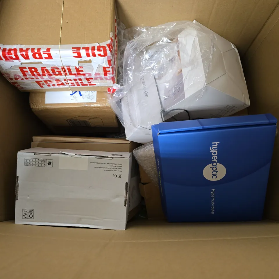 BOX OF APPROXIMATELY 12 ASSORTED ITEMS TO INCLUDE - FAN TRIPLE CIRCULATION WIND , OPALTRAVEL ROUTER , SKY+HD BOX ETC