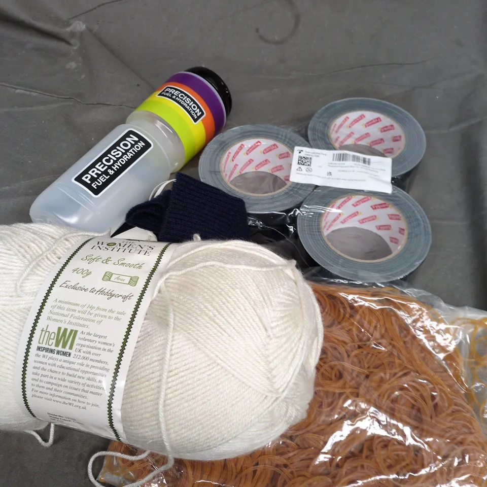 APPROXIMATELY 15 ASSORTED HOUSEHOLD PRODUCTS TO INCLUDE RUBBER BANDS, DUCT TAPE, PRECISION FUEL & HYDRATION BOTTLE, ETC - COLLECTION ONLY
