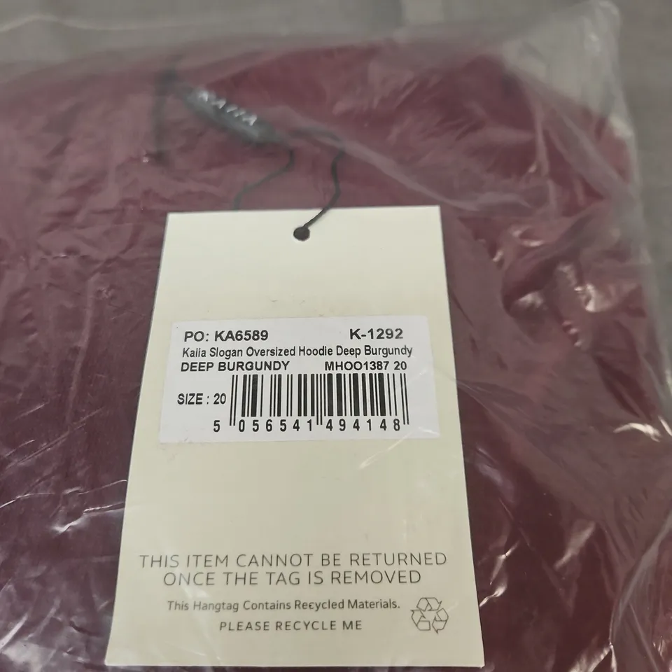 KALIA SLOGAN OVERSIZED HOODIE – DEEP BURGUNDY, UK 20