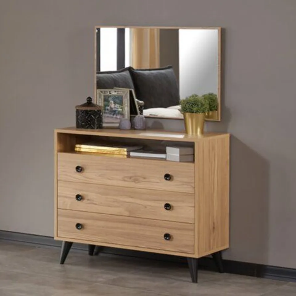 BOXED AMADITA 3 DRAWER CHEST AND MIRROR OAK FINISH (2 BOX)