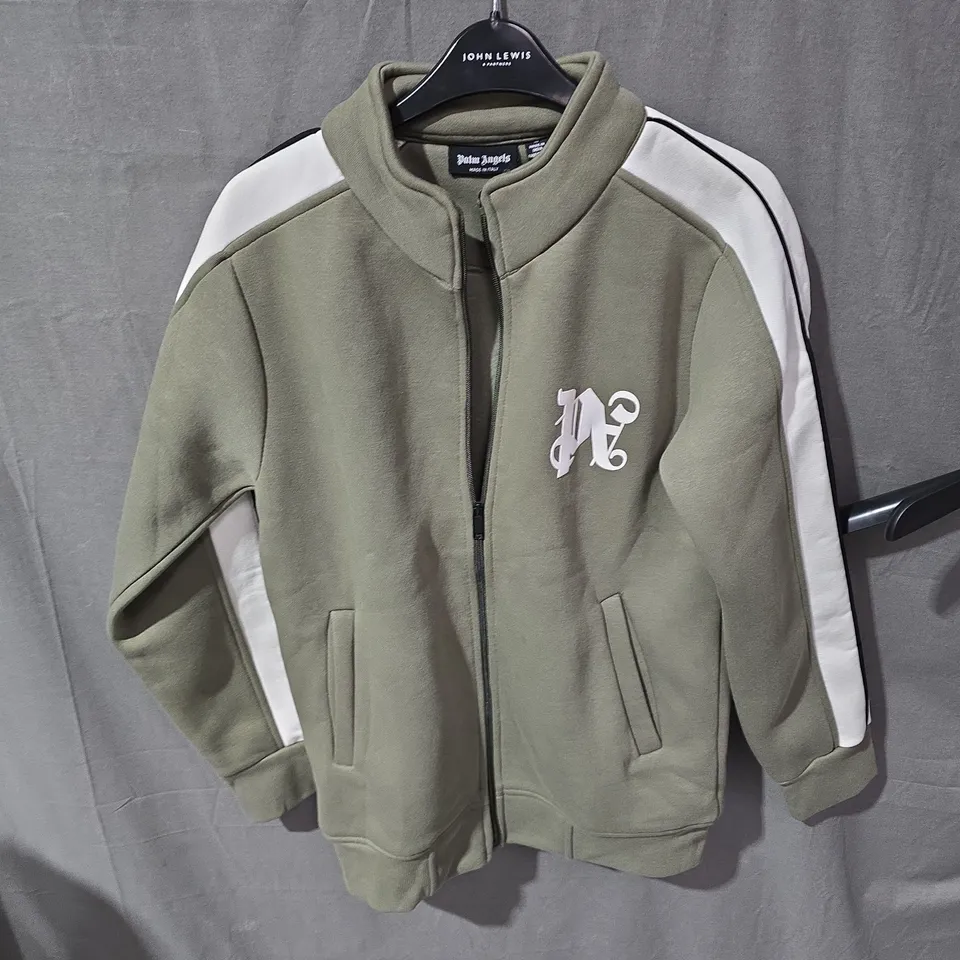 PALM ANGELS OLIVE GREEN TRACKSUIT WITH WHITE SLEEVE STRIPES – ZIP FRONT, HOODED