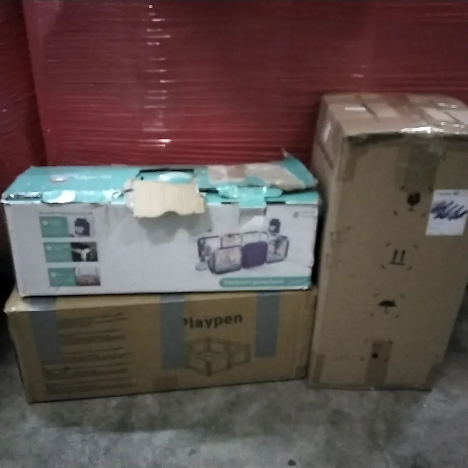 PALLET OF ASSORTED PRODUCTS AND HOUSEHOLD GOODS TO INCLUDE;PLAYPEN,CHILDREN'S GAME FENCE,AIR COOLER