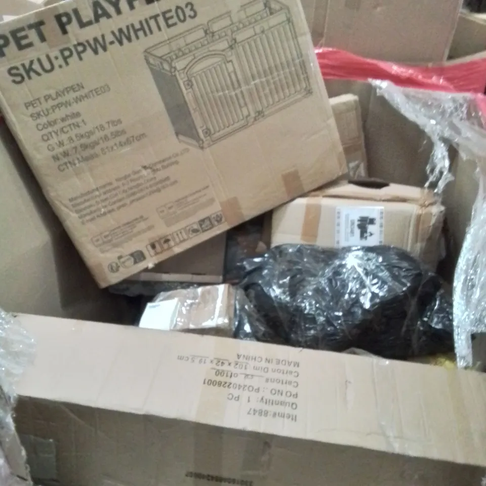 PALLET CONTAINING VARIOUS ASSORTED ITEMS TO INCLUDE: PET PLAYPEN,  GAZEBO,  SHELVING UNIT AND LOTS MORE UNMARKED BOXED ITEMS 