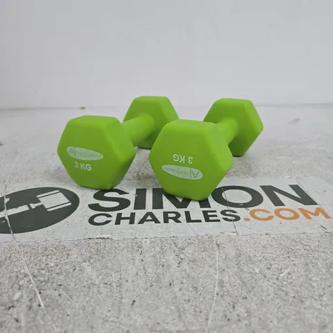 SET OF 2 GREEN HEXAGONAL 3KG DUMBBELLS ACTIVE FOREVER
