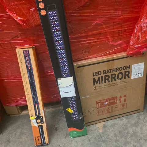 PALLET OF ASSORTED HOUSEHOLD GOODS AND PRODUCTS TO INCLUDE;AQUARIUM LIGHT,RULER,LED BATHROOM MIRRORS