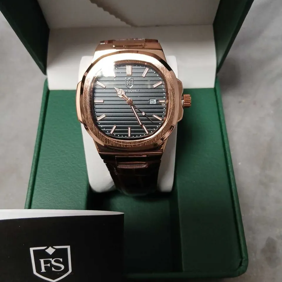 FRANK SCHMIDT FS WRISTWATCH – ROSE GOLD-TONE CASE & BRACELET, BLACK STRIPED DIAL, DATE AT 3 O'CLOCK (IN PRESENTATION BOX)