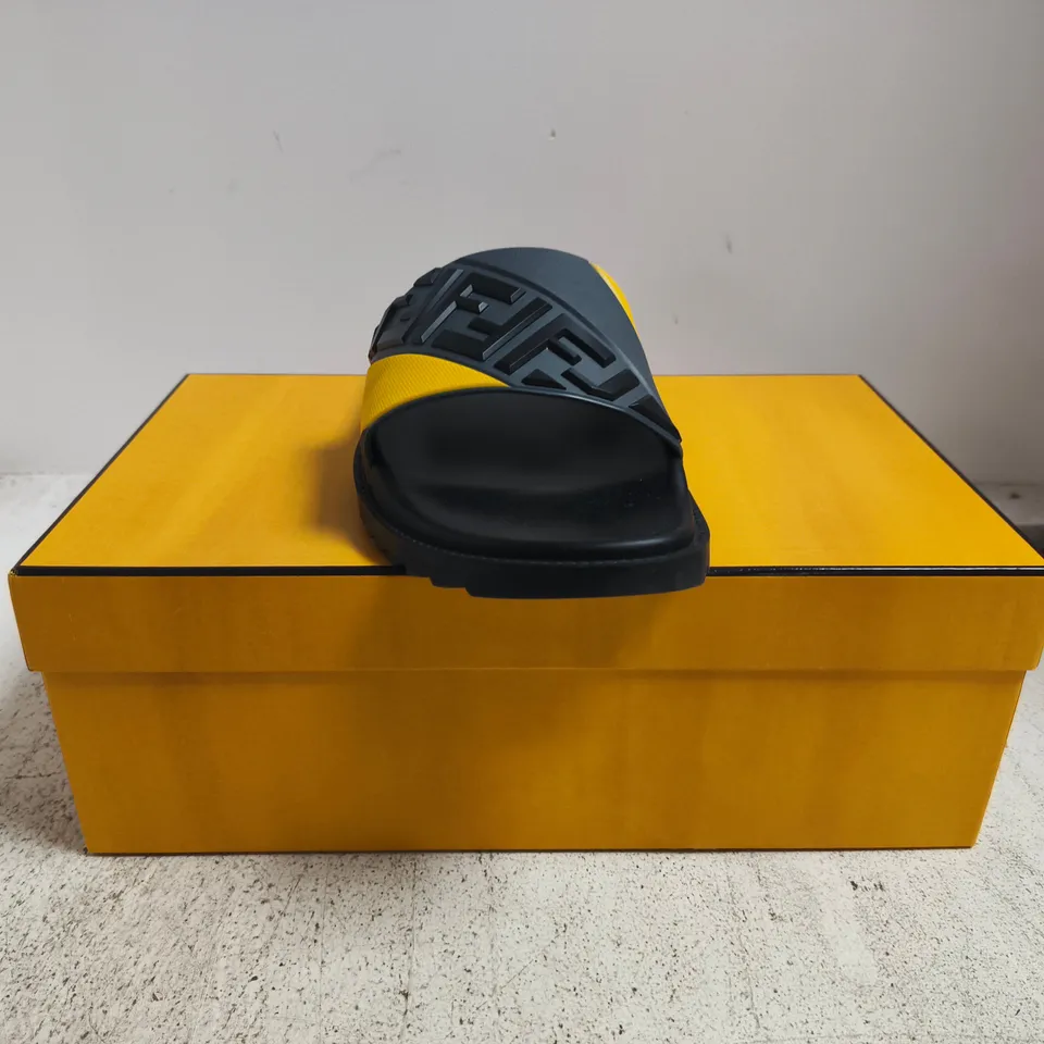 BOXED PAIR OF FENDI RUBBER SLIDES IN GREY/YELLOW SIZE 13