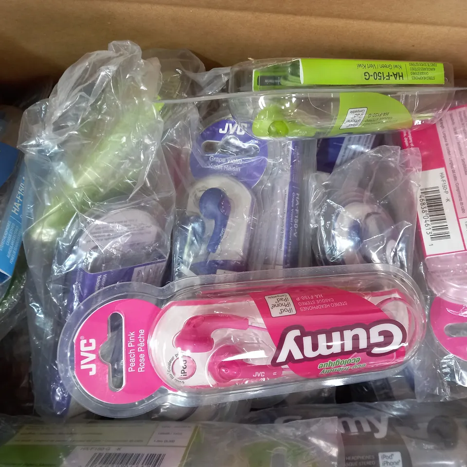 BOX OF APPROXIMATELY 20 ASSORTED JVC GUMY STEREO HEADPHONES IN VARIOUS COLOURS
