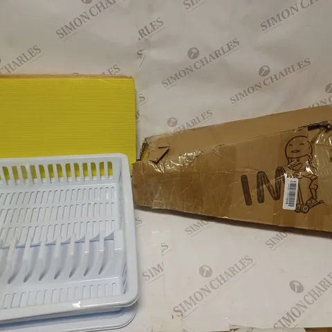 BOX OF APPROXIMATELY 10 ASSORTED HOUSEHOLD ITEMS TO CONTAIN SCOOTER FOR CHILDREN, PLASTIC DISH RACK, LARGE HOT WATER BOTTLE ETC