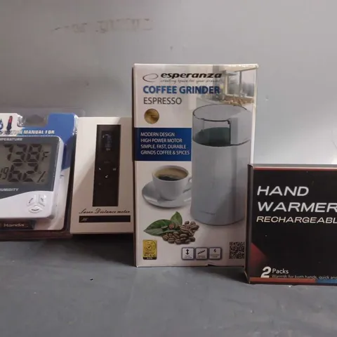 APPROXIMATELY 7 ASSORTED ITEMS TO INCLUDE - COFFEE GRINDER , HAND WARMERS , LASER DISTANCE METER ETC