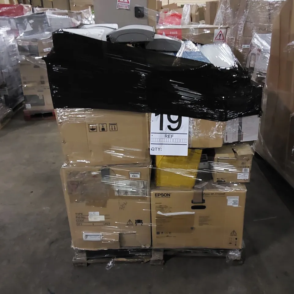 PALLET TO CONTAIN ASSORTED ITEMS INCLUDING EPSON PRINTERS, COOKING PANS AND ANSELL LIGHTING PRODUCTS ETC 