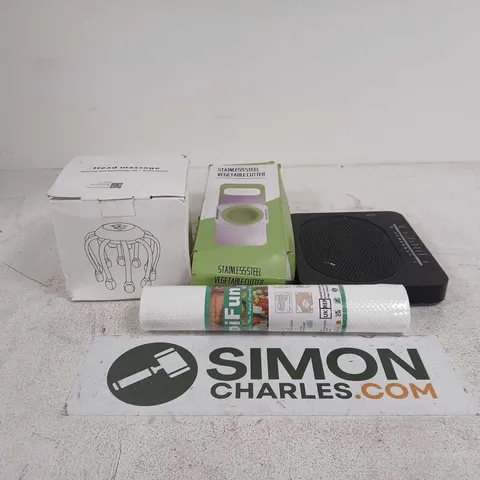 BOX OF APPROXIMATELY 20 ASSORTED ITEMS TO INCLUDE HEAD MASSAGER, VEGETABLE CUTTER, WHITE MAT, ROUTER ETC
