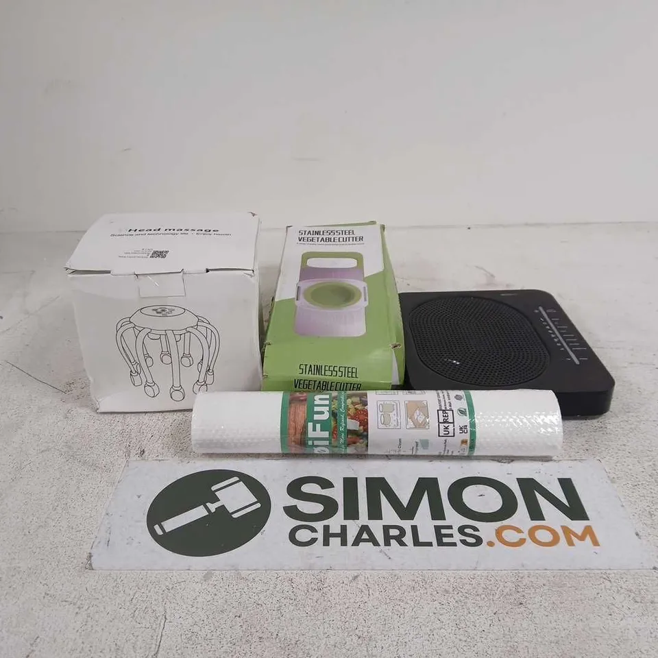 BOX OF APPROXIMATELY 20 ASSORTED ITEMS TO INCLUDE HEAD MASSAGER, VEGETABLE CUTTER, WHITE MAT, ROUTER ETC