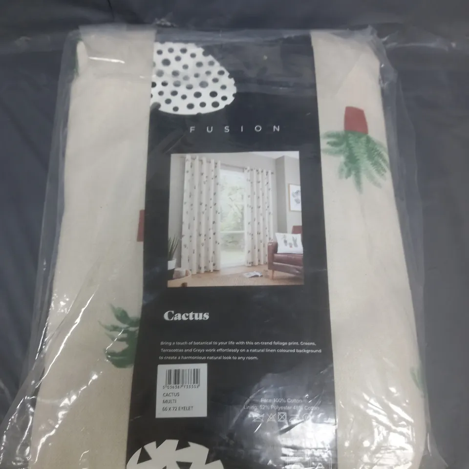 FUSTION FULLY LINED EYELET CURTAINS 66" X 72" CACTUS DESIGN